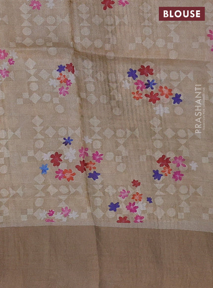 Pure tussar silk saree sandal with floral digital prints and zari woven border