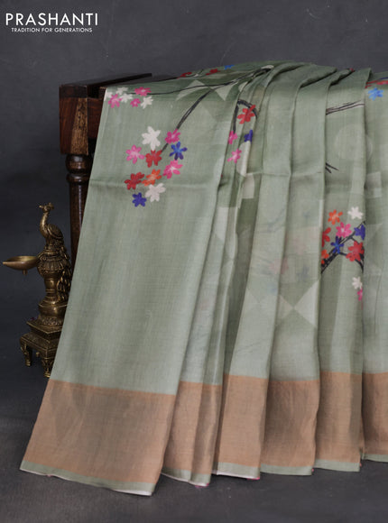 Pure tussar silk saree pastel green with floral digital prints and zari woven border