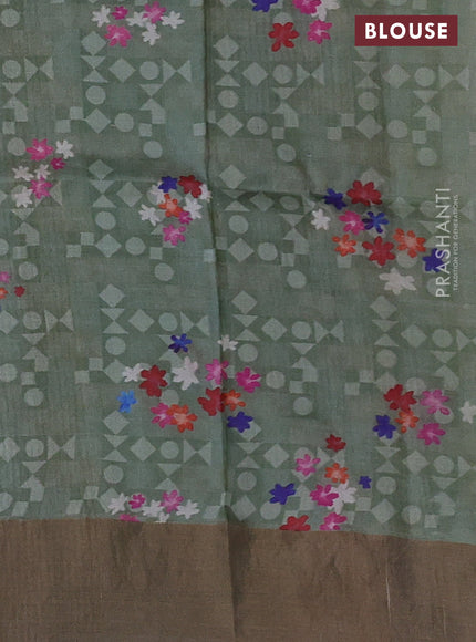 Pure tussar silk saree pastel green with floral digital prints and zari woven border