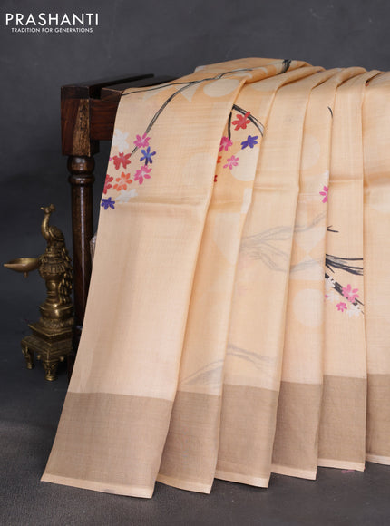 Pure tussar silk saree pale orange with floral digital prints and zari woven border