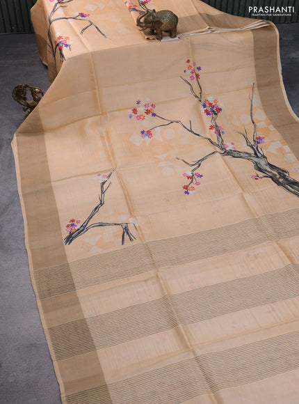 Pure tussar silk saree pale orange with floral digital prints and zari woven border