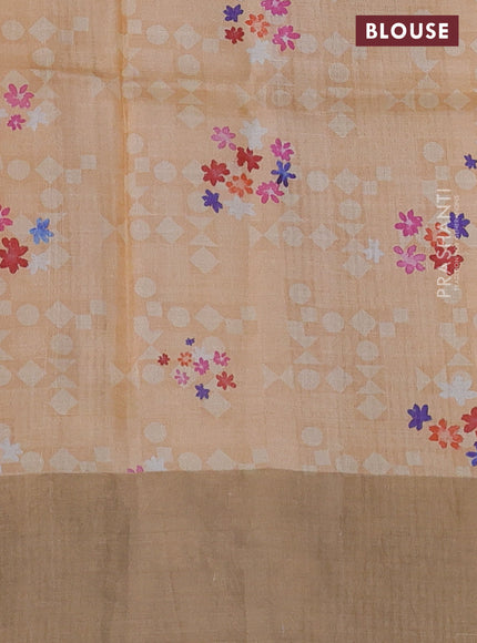 Pure tussar silk saree pale orange with floral digital prints and zari woven border