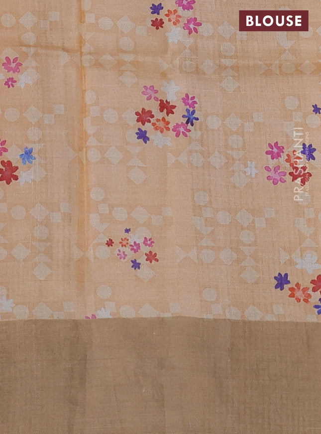 Pure tussar silk saree pale orange with floral digital prints and zari woven border