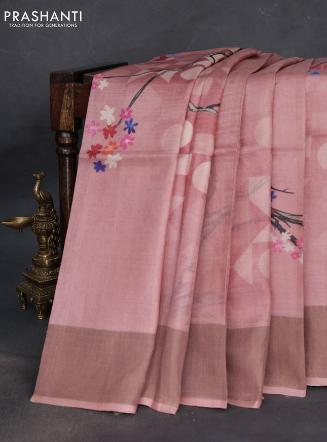 Pure tussar silk saree pastel pink with floral digital prints and zari woven border
