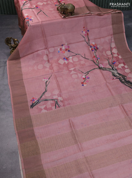 Pure tussar silk saree pastel pink with floral digital prints and zari woven border