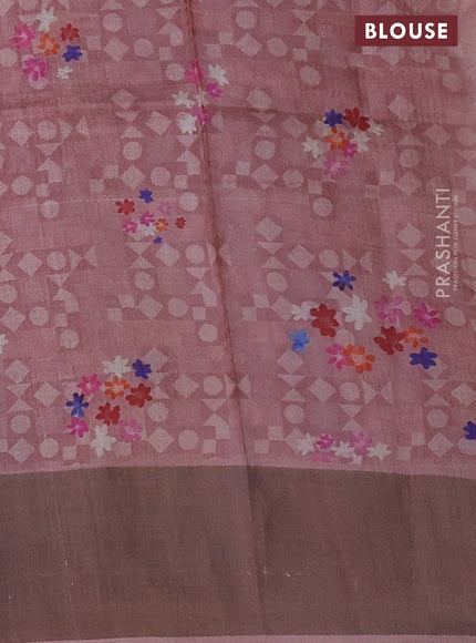 Pure tussar silk saree pastel pink with floral digital prints and zari woven border