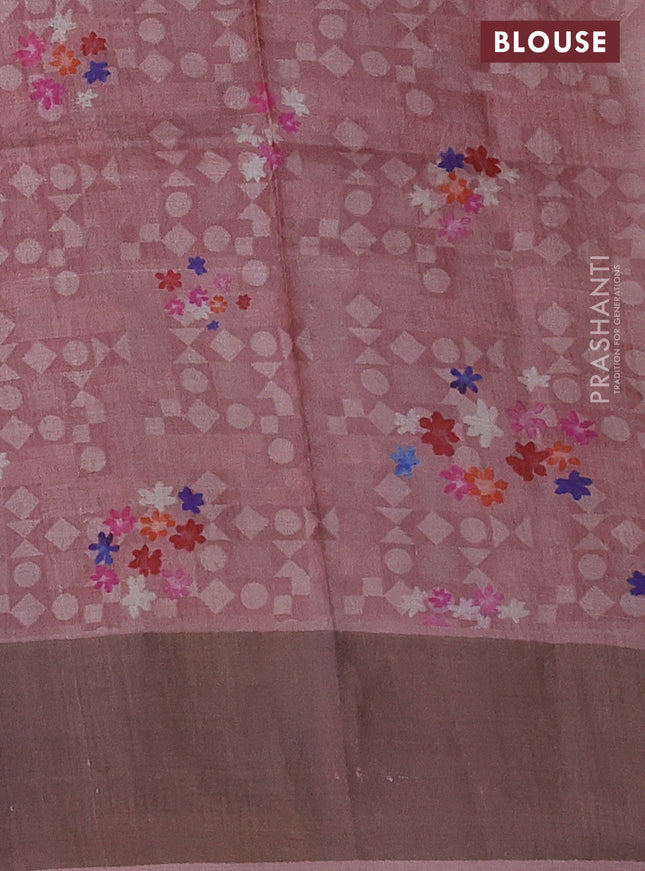 Pure tussar silk saree pastel pink with floral digital prints and zari woven border