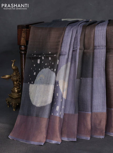 Pure tussar silk saree dark grey with allover digital prints and zari woven border