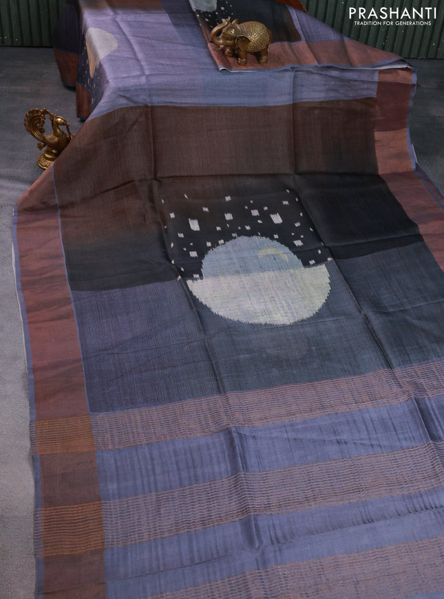 Pure tussar silk saree dark grey with allover digital prints and zari woven border