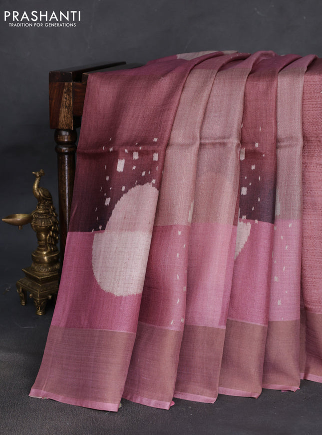 Pure tussar silk saree mauve pink with allover digital prints and zari woven border