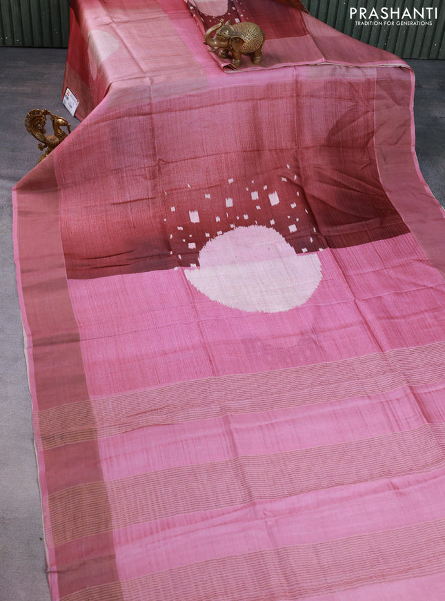 Pure tussar silk saree mauve pink with allover digital prints and zari woven border