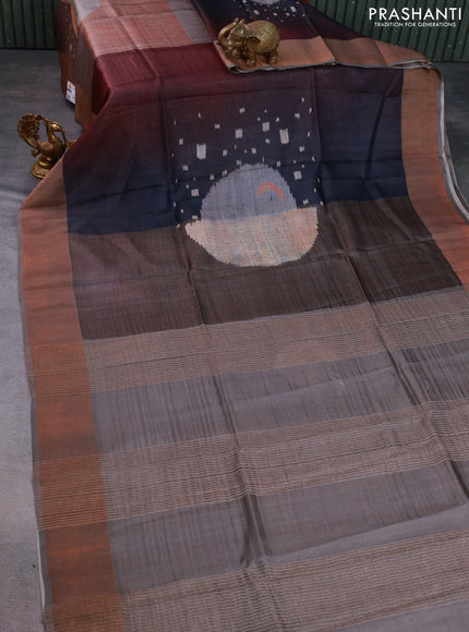 Pure tussar silk saree pastel grey with allover digital prints and zari woven border