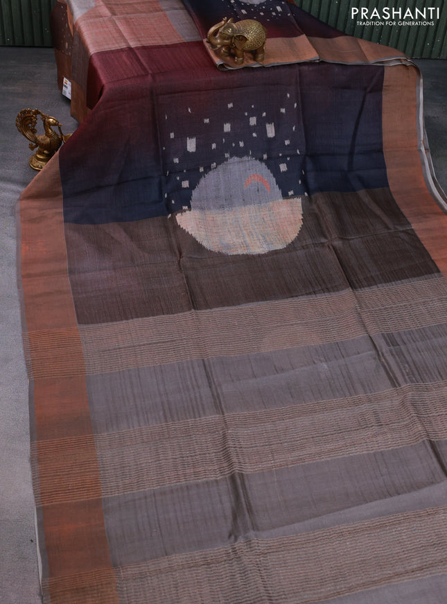 Pure tussar silk saree pastel grey with allover digital prints and zari woven border