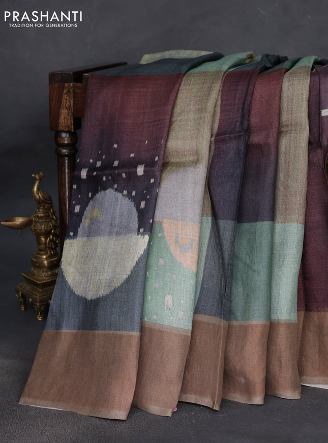 Pure tussar silk saree multi colour with allover digital prints and zari woven border
