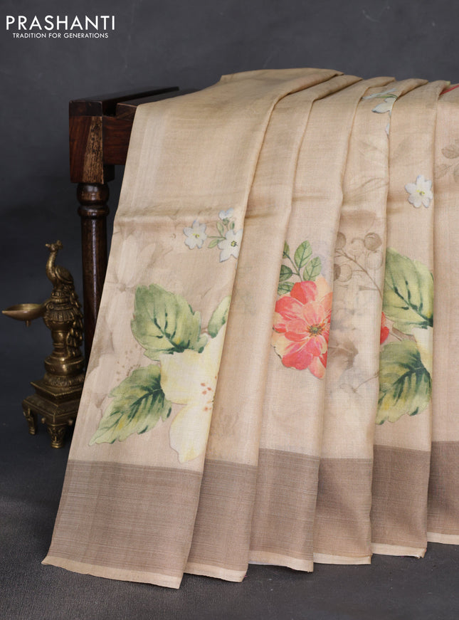 Pure tussar silk saree sandal with floral digital prints and zari woven border