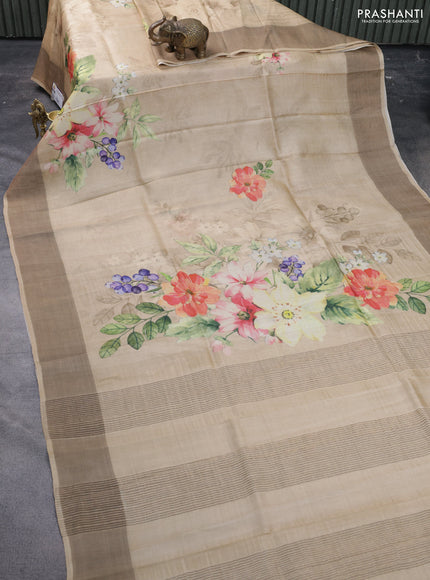 Pure tussar silk saree sandal with floral digital prints and zari woven border