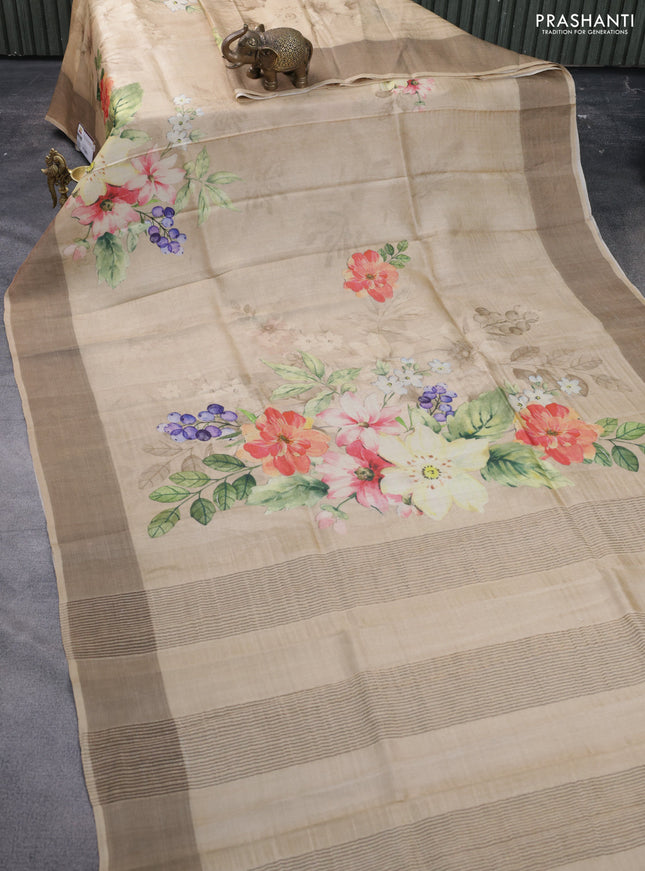 Pure tussar silk saree sandal with floral digital prints and zari woven border