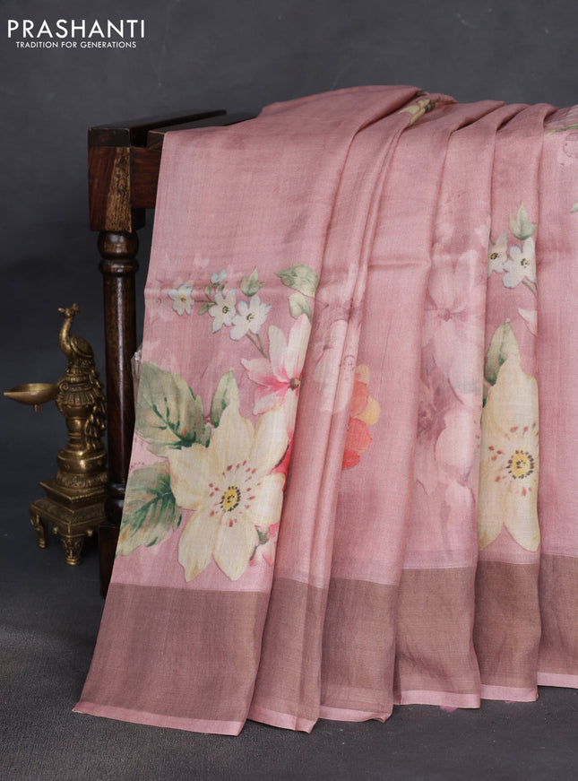 Pure tussar silk saree pastel pink with floral digital prints and zari woven border