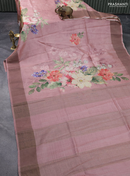 Pure tussar silk saree pastel pink with floral digital prints and zari woven border
