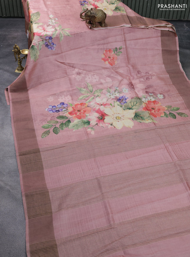 Pure tussar silk saree pastel pink with floral digital prints and zari woven border