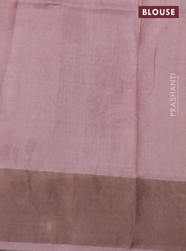 Pure tussar silk saree pastel pink with floral digital prints and zari woven border