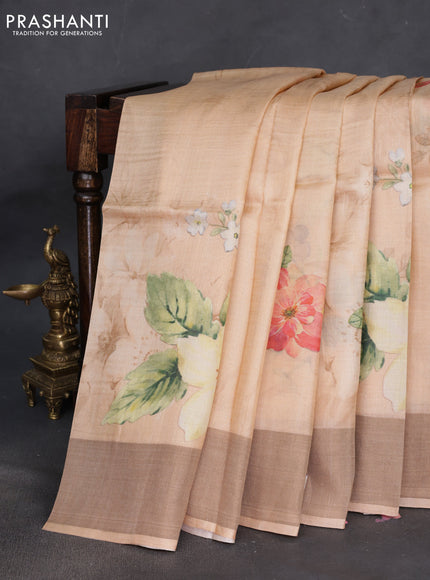 Pure tussar silk saree pale orange with floral digital prints and zari woven border