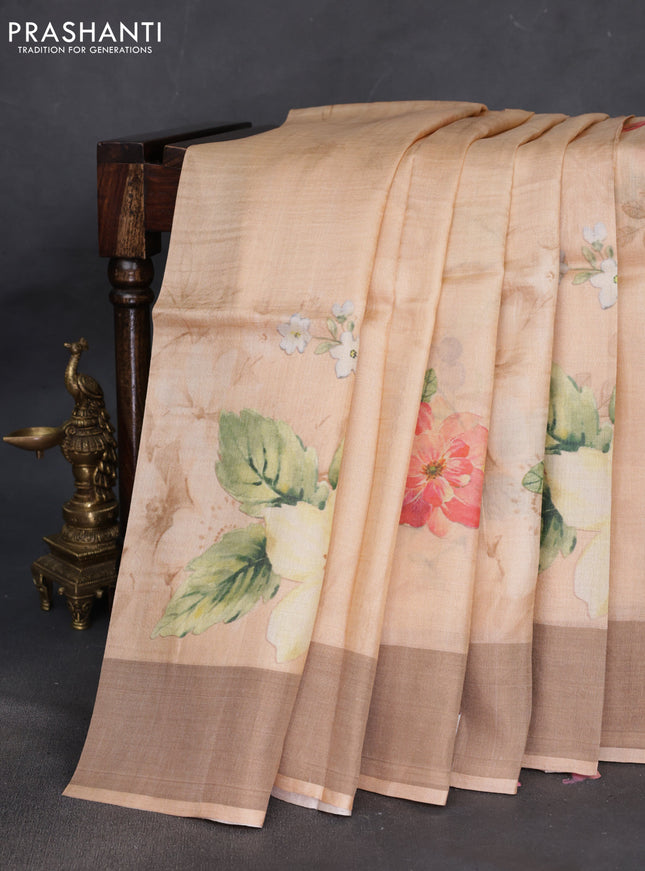 Pure tussar silk saree pale orange with floral digital prints and zari woven border