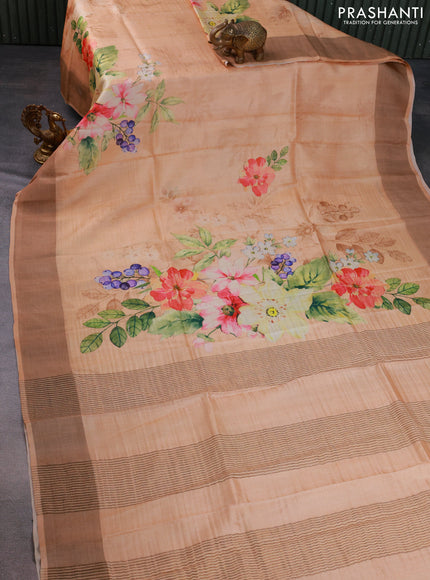 Pure tussar silk saree pale orange with floral digital prints and zari woven border