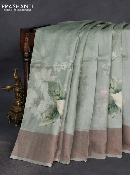 Pure tussar silk saree pastel green with floral digital prints and zari woven border