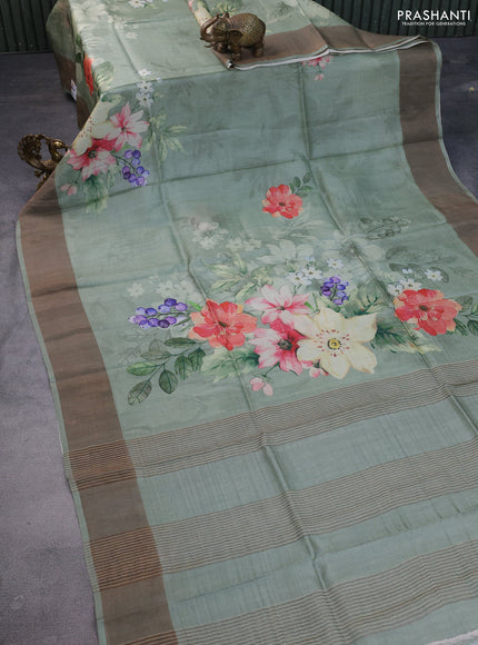 Pure tussar silk saree pastel green with floral digital prints and zari woven border