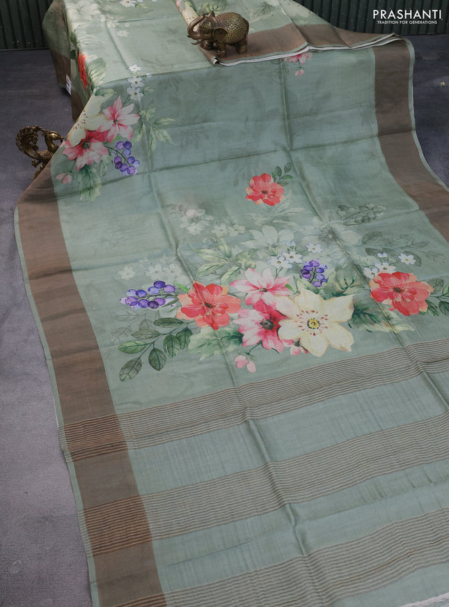 Pure tussar silk saree pastel green with floral digital prints and zari woven border