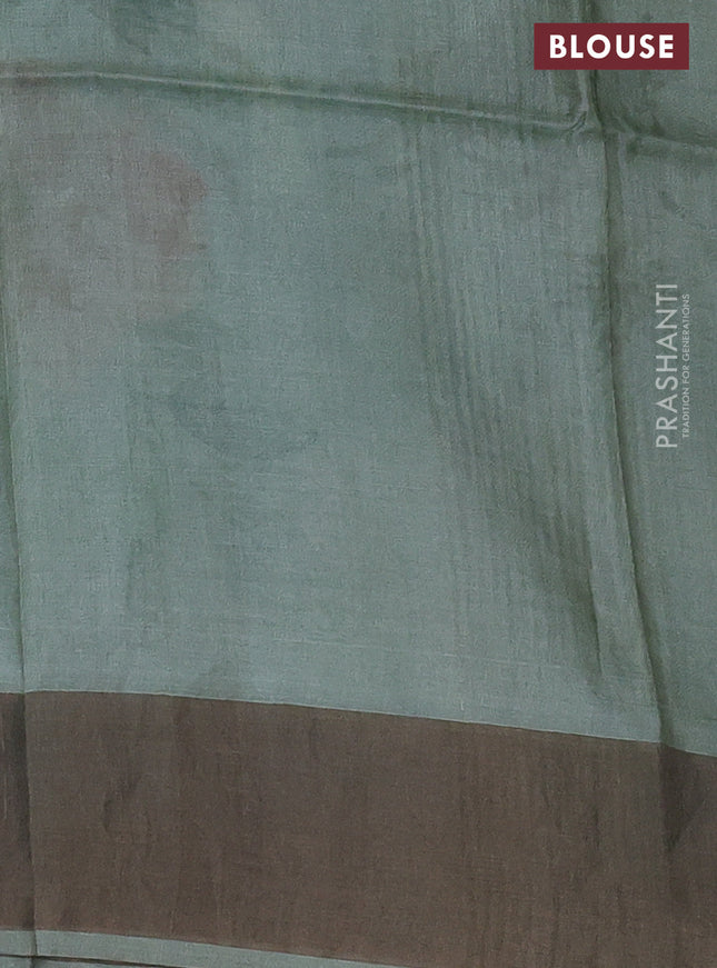Pure tussar silk saree pastel green with floral digital prints and zari woven border