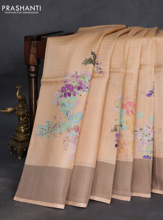 Pure tussar silk saree pale orange with floral digital prints and zari woven border