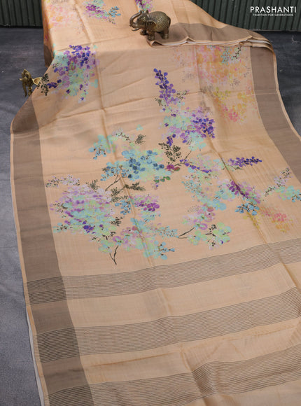 Pure tussar silk saree pale orange with floral digital prints and zari woven border