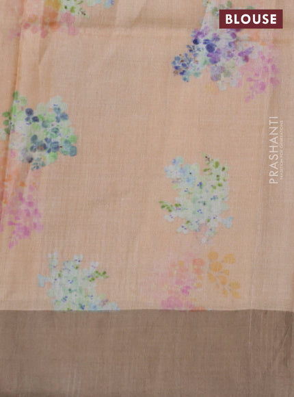 Pure tussar silk saree pale orange with floral digital prints and zari woven border