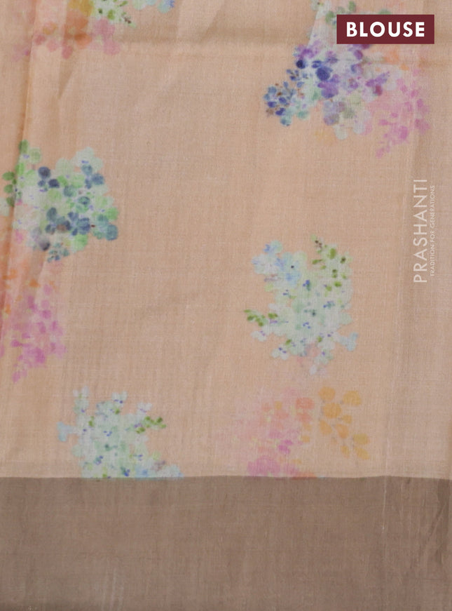 Pure tussar silk saree pale orange with floral digital prints and zari woven border