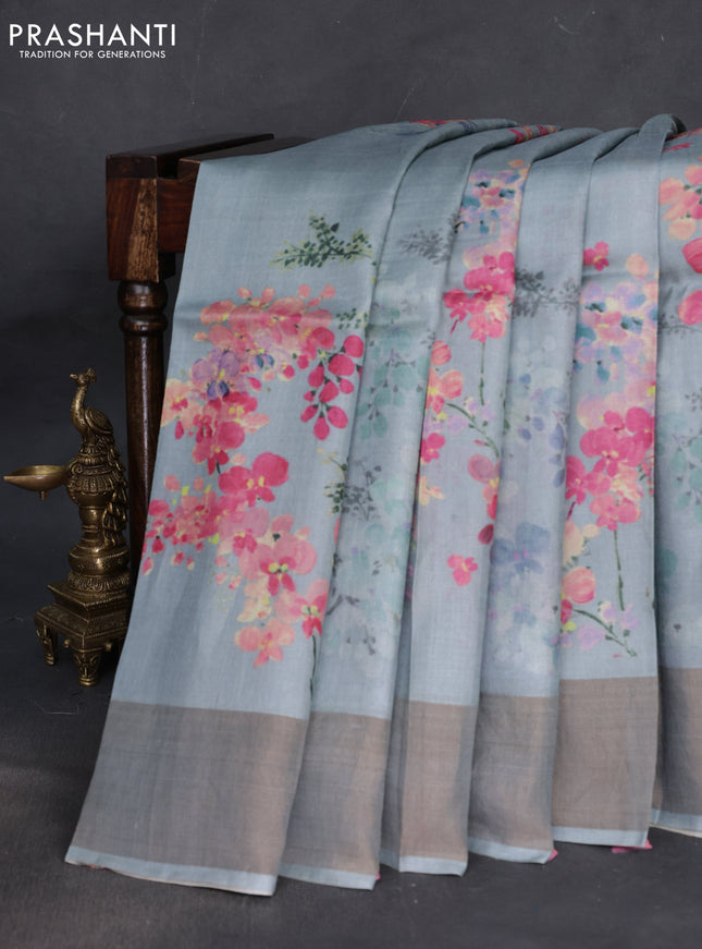Pure tussar silk saree bluish grey with floral digital prints and zari woven border