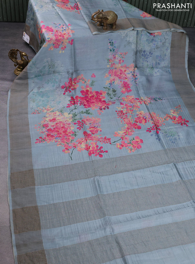 Pure tussar silk saree bluish grey with floral digital prints and zari woven border