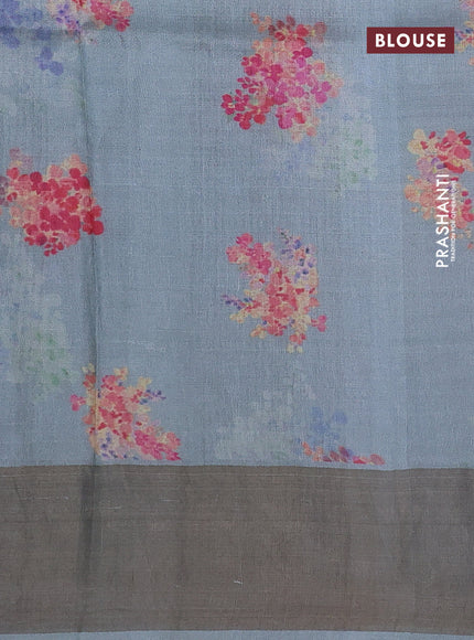 Pure tussar silk saree bluish grey with floral digital prints and zari woven border