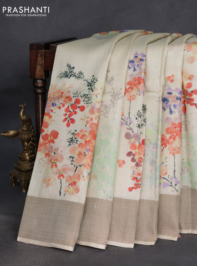 Pure tussar silk saree cream with floral digital prints and zari woven border