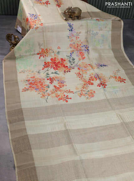 Pure tussar silk saree cream with floral digital prints and zari woven border