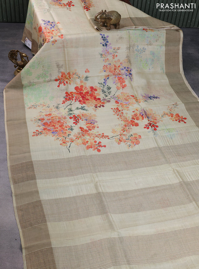 Pure tussar silk saree cream with floral digital prints and zari woven border