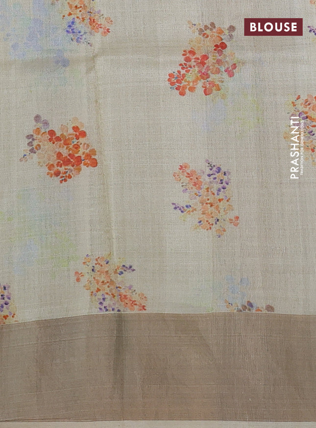 Pure tussar silk saree cream with floral digital prints and zari woven border