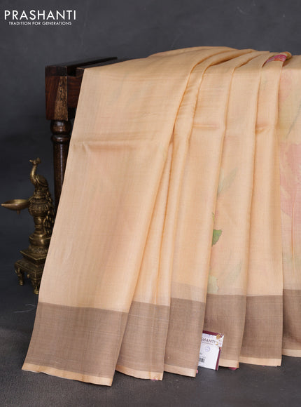 Pure tussar silk saree pale orange with floral digital prints and zari woven border