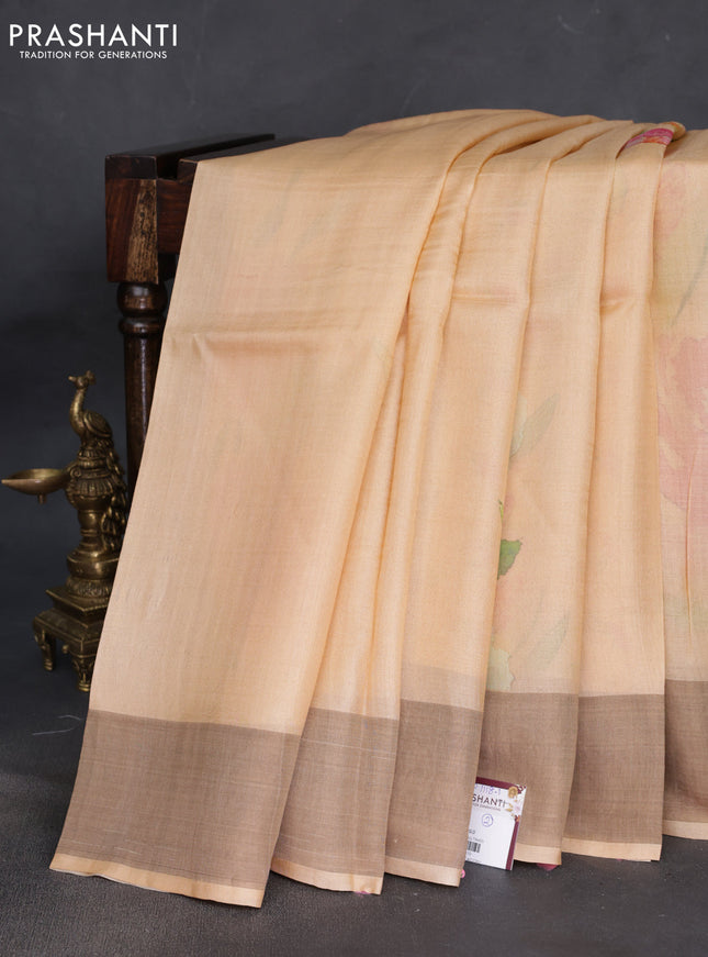 Pure tussar silk saree pale orange with floral digital prints and zari woven border