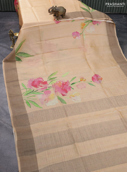 Pure tussar silk saree pale orange with floral digital prints and zari woven border