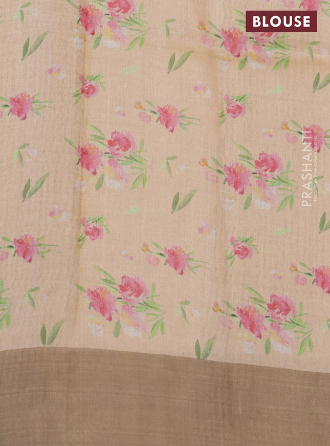 Pure tussar silk saree pale orange with floral digital prints and zari woven border