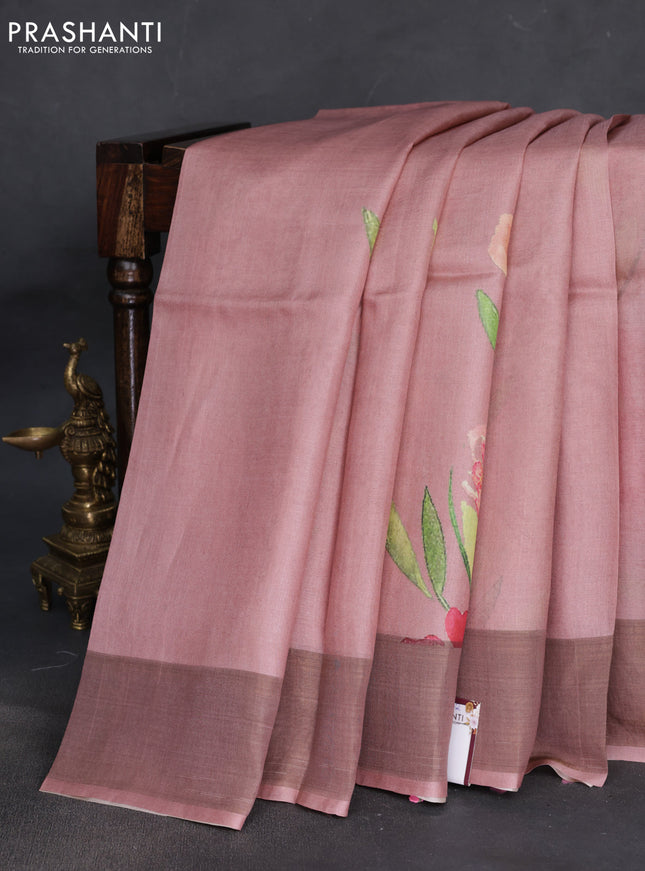 Pure tussar silk saree pastel pink with floral digital prints and zari woven border
