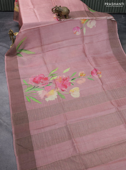 Pure tussar silk saree pastel pink with floral digital prints and zari woven border