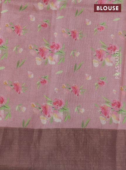 Pure tussar silk saree pastel pink with floral digital prints and zari woven border